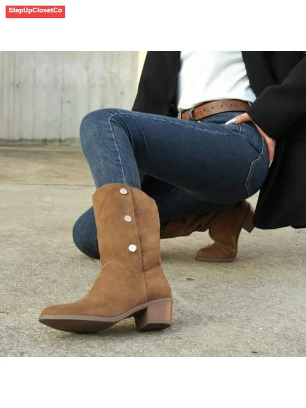 Women's Suede Mid-Calf Boots 3-Way Fold-Over Chunky Heel